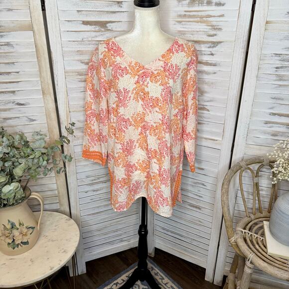 J. JILL Women's L Coral Reef Embroidered Tunic Top Linen Orange Cream Beachy - Picture 14 of 16
